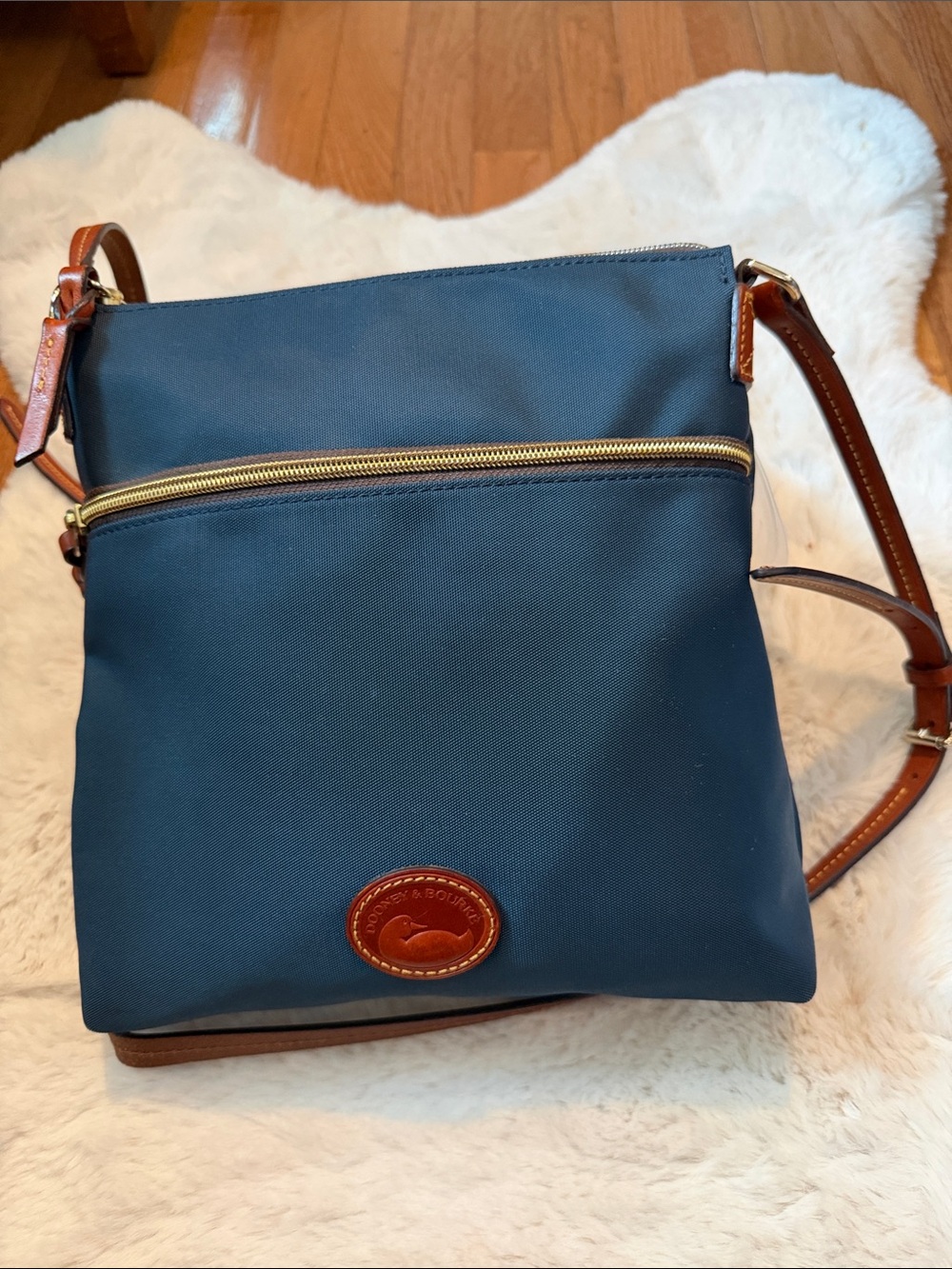 Dooney & Bourke Navy Crossbody with Brown Leather Trim and Gold Hardware